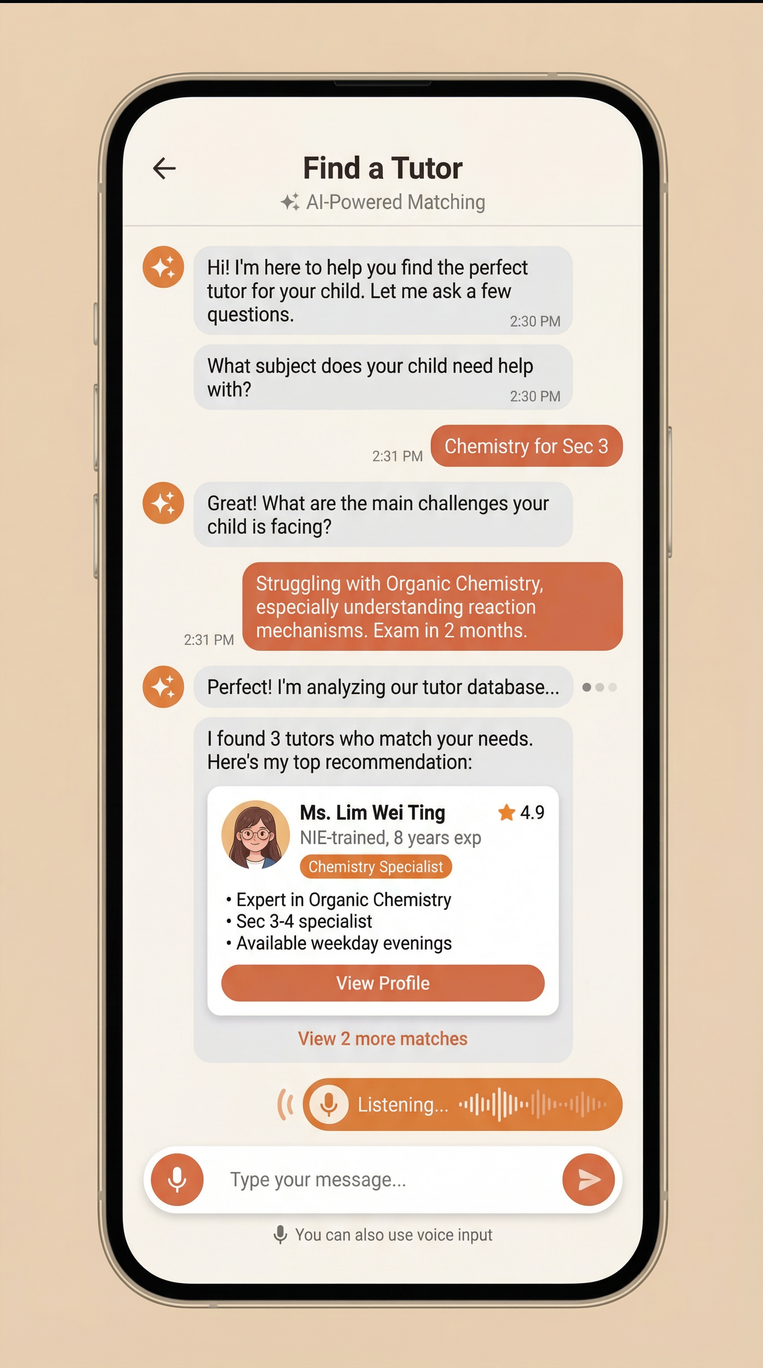 AI-powered chatbot interface for finding and matching tutors