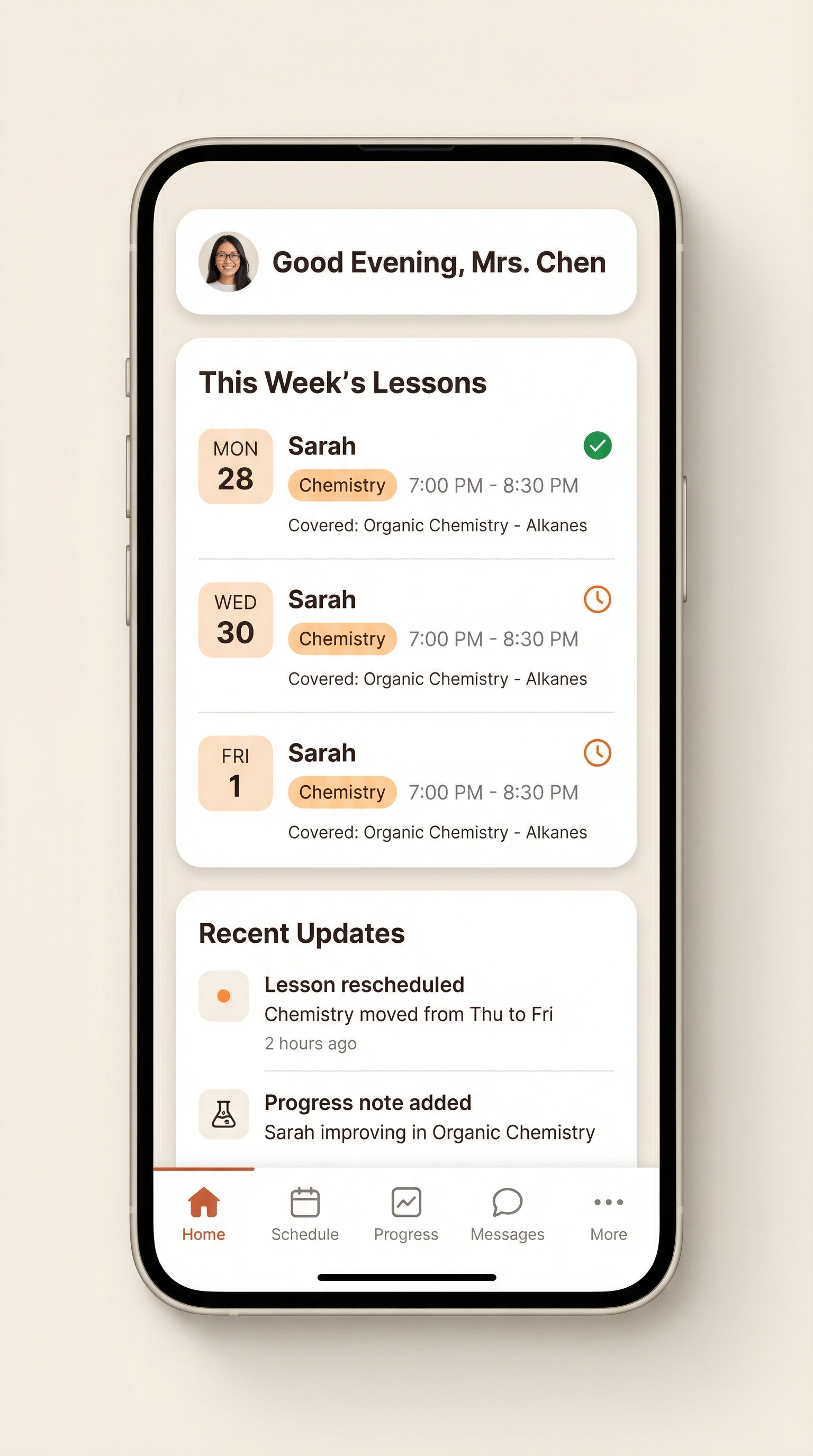 Parent view showing weekly lessons and recent updates